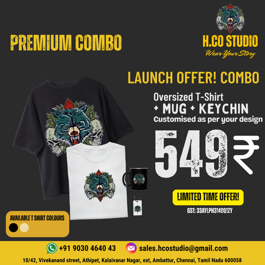 Premium Combo @ Just ₹549 – Oversized T-Shirt + Mug + Keychain