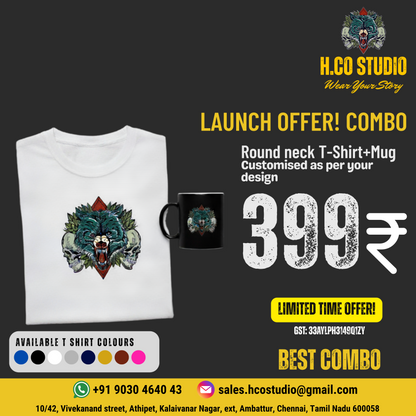Best Combo @ Just ₹399 – Round Neck T-Shirt + Mug + Keychain