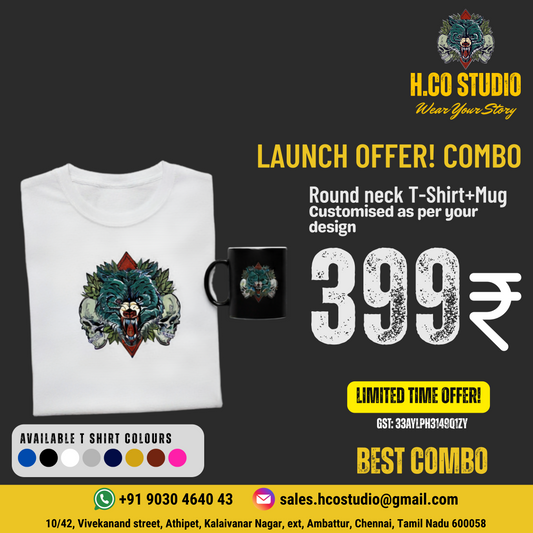 Best Combo @ Just ₹399 – Round Neck T-Shirt + Mug + Keychain