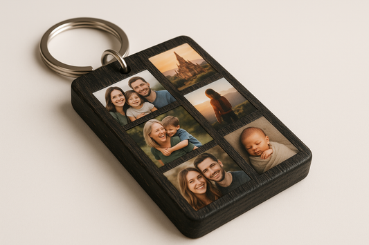 Wooden keychain black colurs with some photos on it